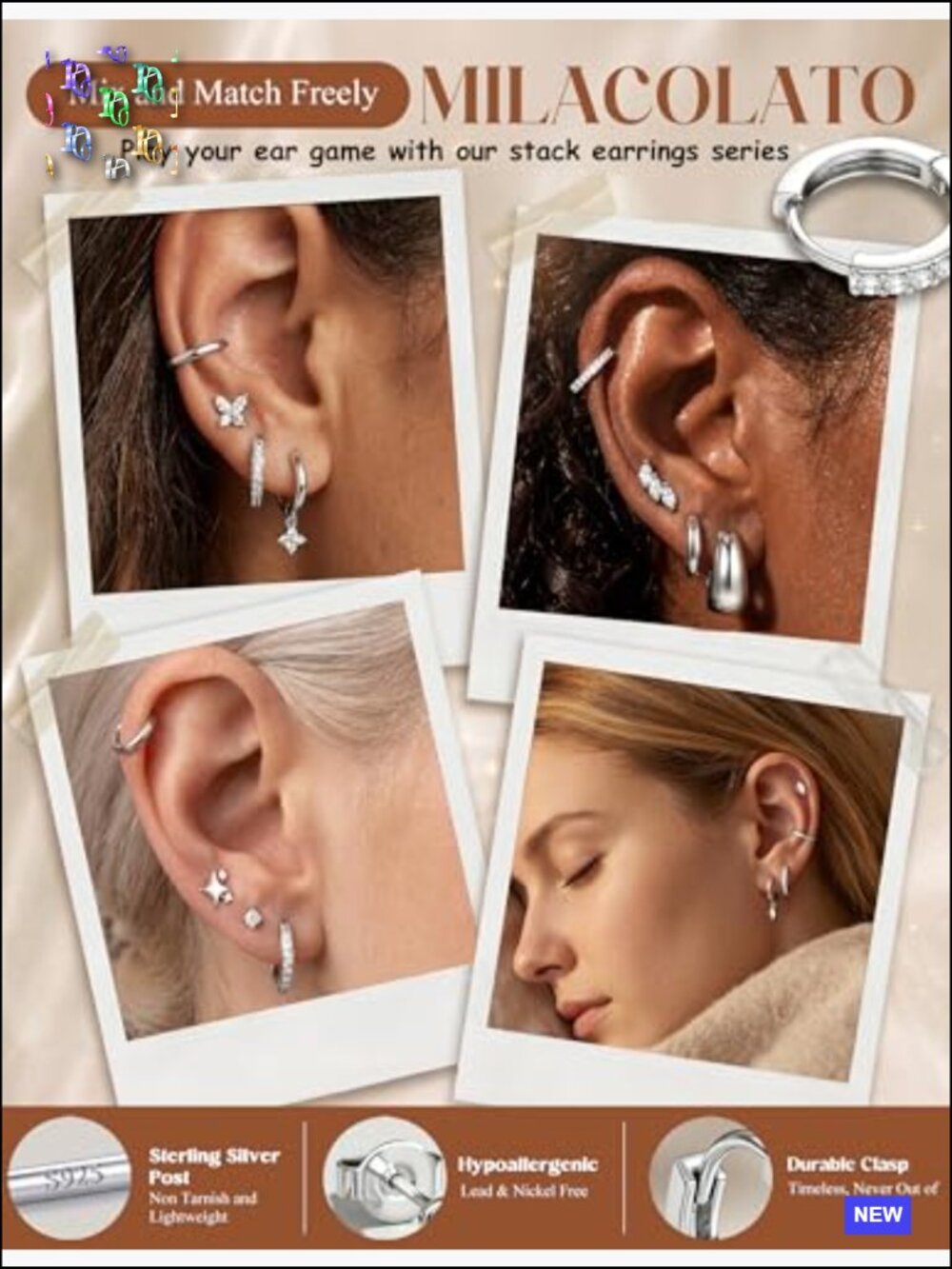 Sterling Silver Huggie Hoop Earrings Set for Multiple Piercing Hypoallergenic - Picture 5 of 7